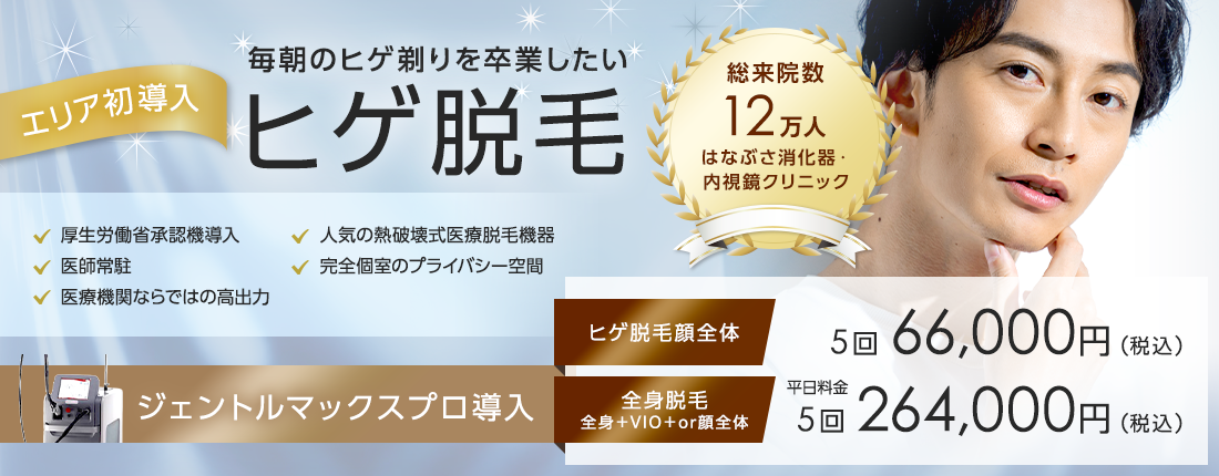 宮崎県串間市・日南市・都城市・志布志市でジェントルマックスプロのヒゲ脱毛（メンズ脱毛）を提供しているはなぶさ消化器・内視鏡クリニックのファーストビュー